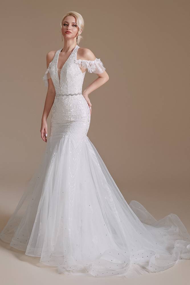 White V-Neck Off-The-Shoulder Mermaid Tulle Wedding Dresses