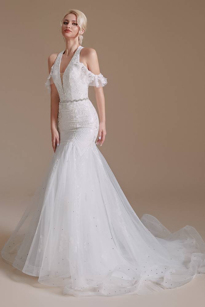 White V-Neck Off-The-Shoulder Mermaid Tulle Wedding Dresses