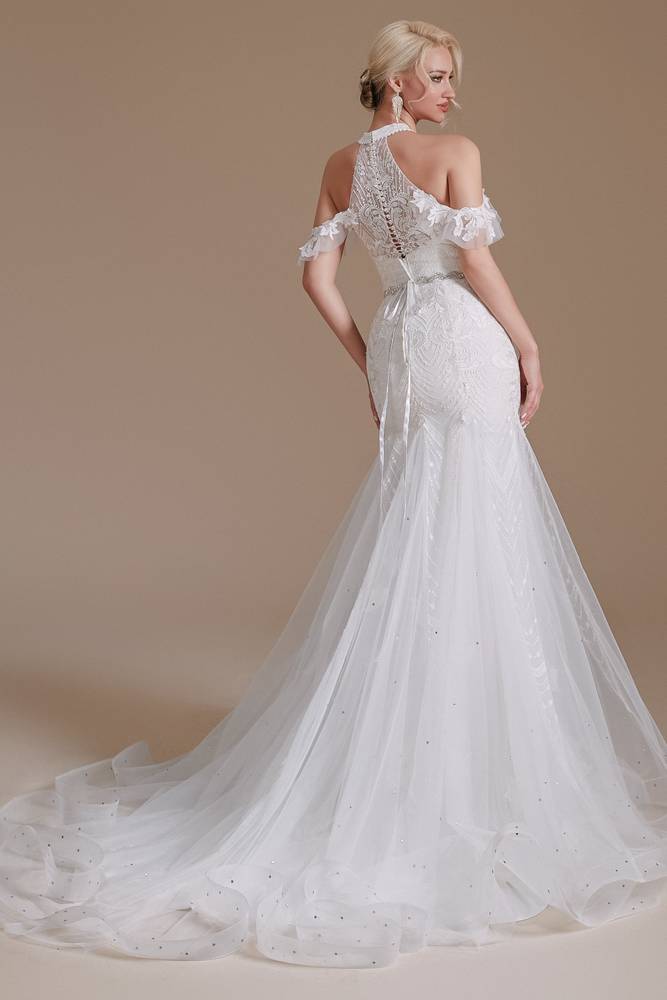 White V-Neck Off-The-Shoulder Mermaid Tulle Wedding Dresses