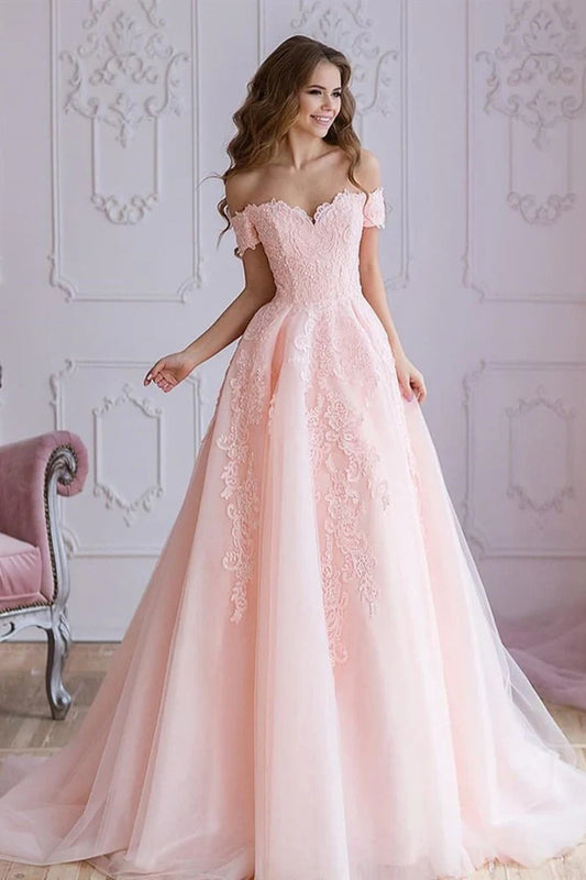 Pink A-Line Tulle Off-The-Shoulder Long Prom Dresses