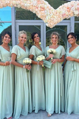 V-Neck A-Line Chiffon Short Sleeves Bridesmaid Dresses