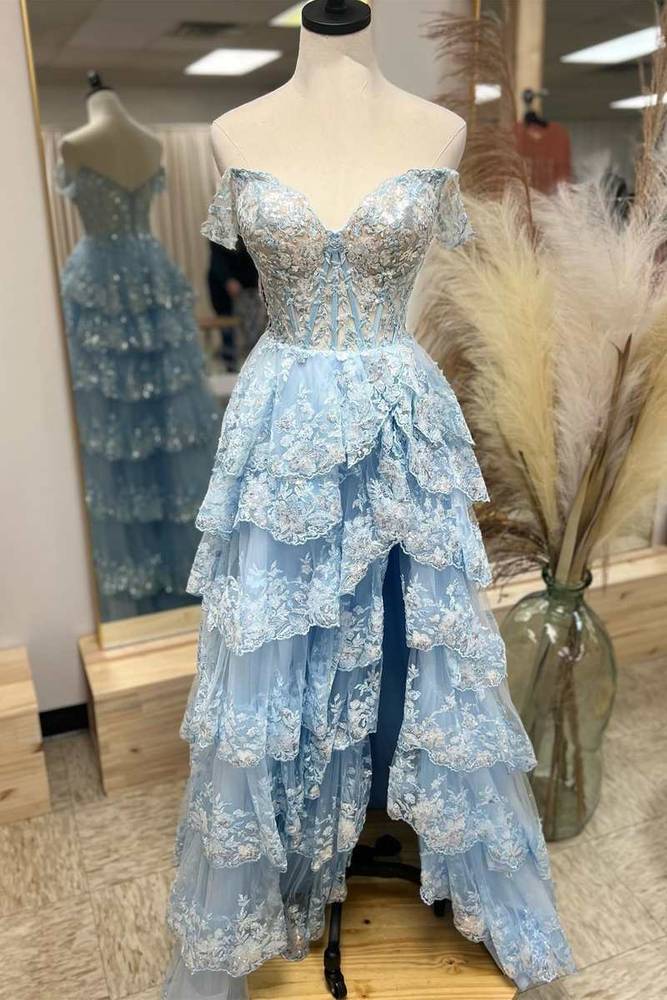 Blue Off-The-Shoulder Sequin A-Line Tulle Party Dresses with Slit