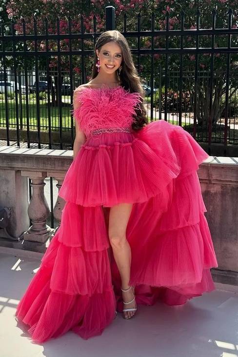 Hi-Lo Strapless A-Line Tulle Prom Dresses with Fur