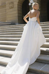 White Strapless A-Line Satin Long Wedding Dresses