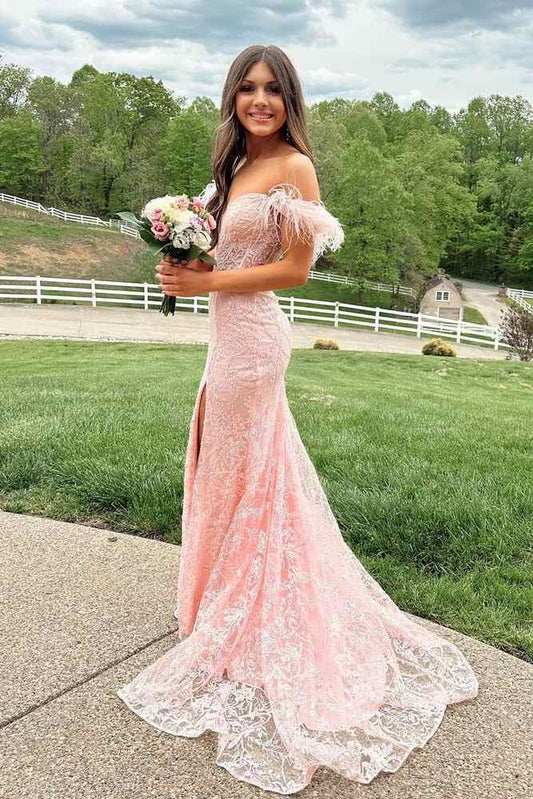 Blushing Pink Off-The-Shoulder Lace Mermaid Prom Dresses with Fur