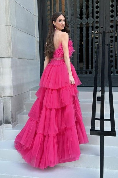 Hi-Lo Strapless A-Line Tulle Prom Dresses with Fur