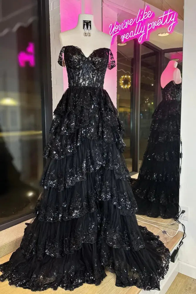 Black Off-The-Shoulder Sequin A-Line Tulle Party Dresses with Slit