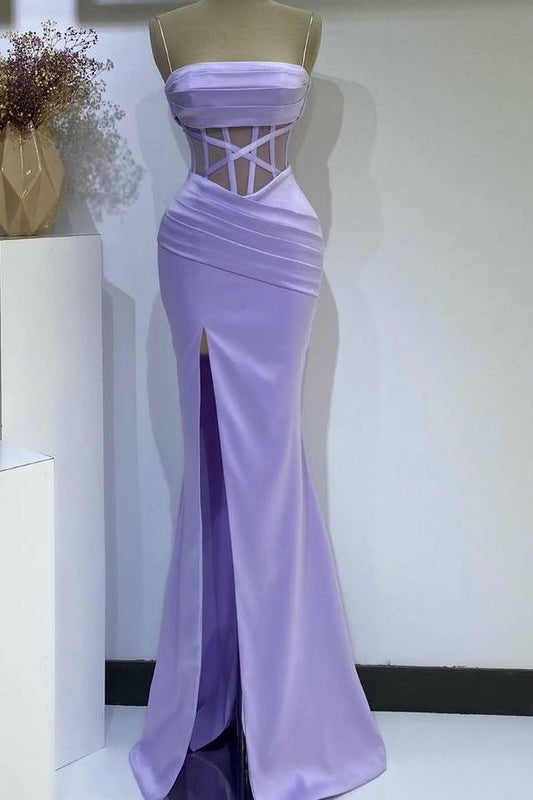 Purple Sleeveless Mermaid Satin Prom Formal Dresses with Slit