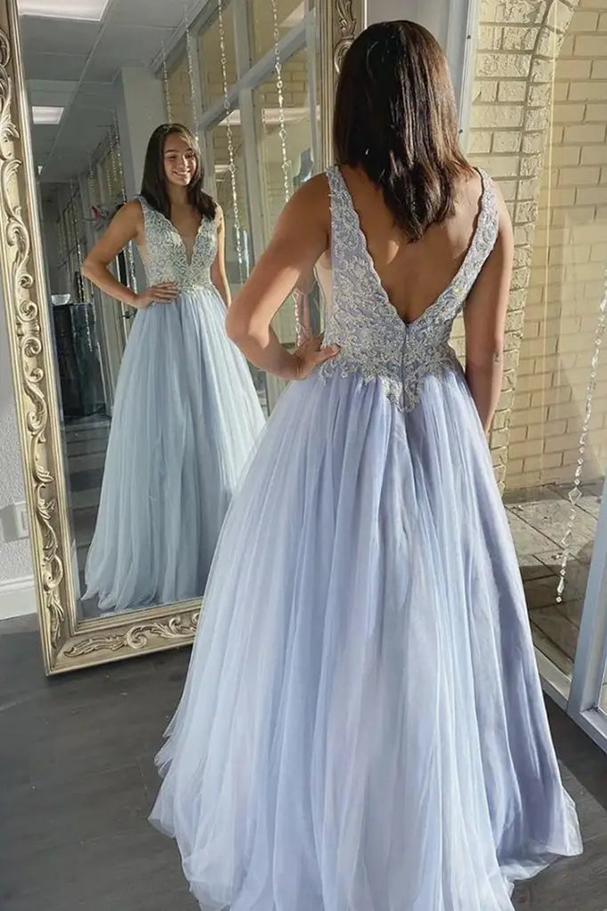 A-Line Tulle V-Neck Backless Prom Evening Dresses