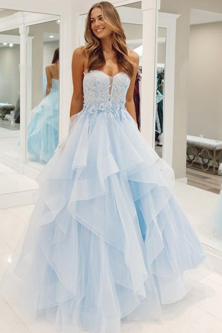 Light Blue Spaghetti Straps A-Line Tulle Prom Party Dresses with Ruffles