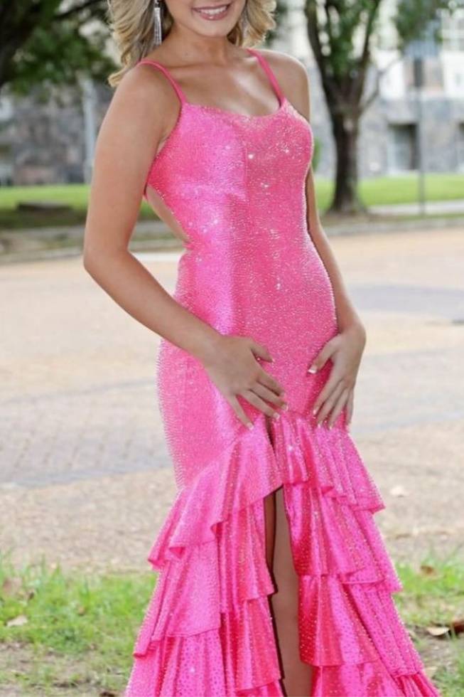 Sparkly Spaghetti Straps Mermaid Prom Dresses with Slit