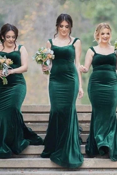 Dark Green Sleeveless Mermaid Velvet Bridesmaid Dresses