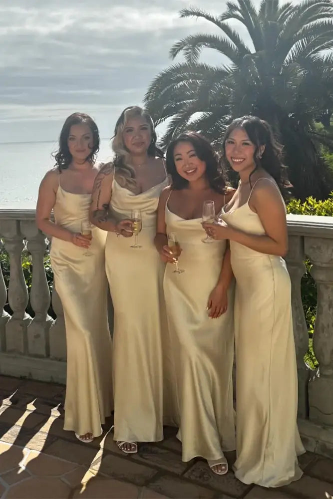 Yellow Cowl Neck Spaghetti Straps Satin Bridesmaid Dresses