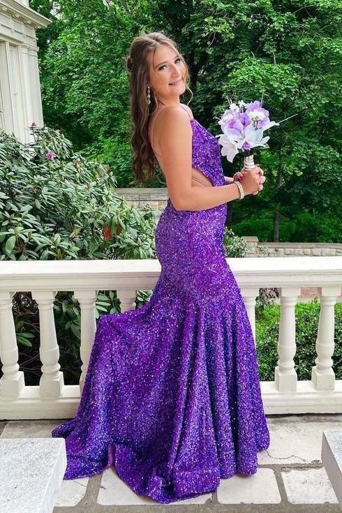 Purple V-Neck Mermaid Sequin Prom Dresses with Spaghetti Straps