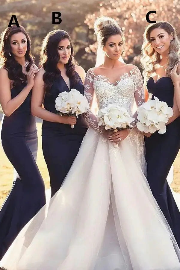 Dark Navy Mermaid Satin Sleeveless Bridesmaid Dresses