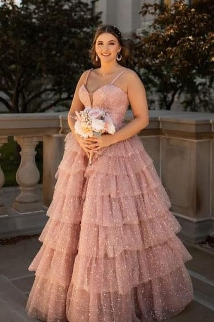 Dusty Rose V-Neck Ball Gown Tulle Prom Dresses with Slit