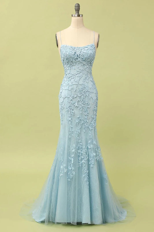 Light Blue Mermaid Tulle Long Party Dresses with Appliques