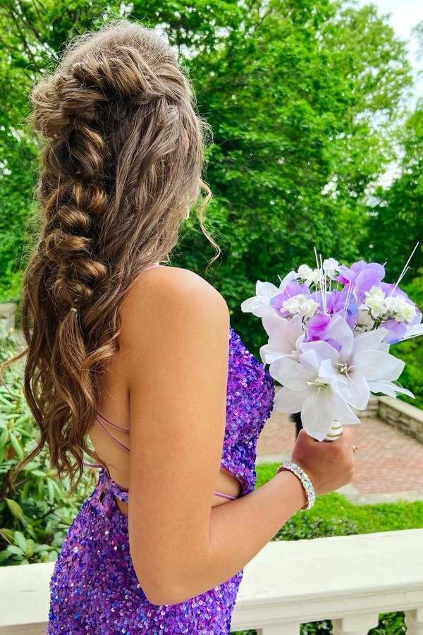 Purple V-Neck Mermaid Sequin Prom Dresses with Spaghetti Straps