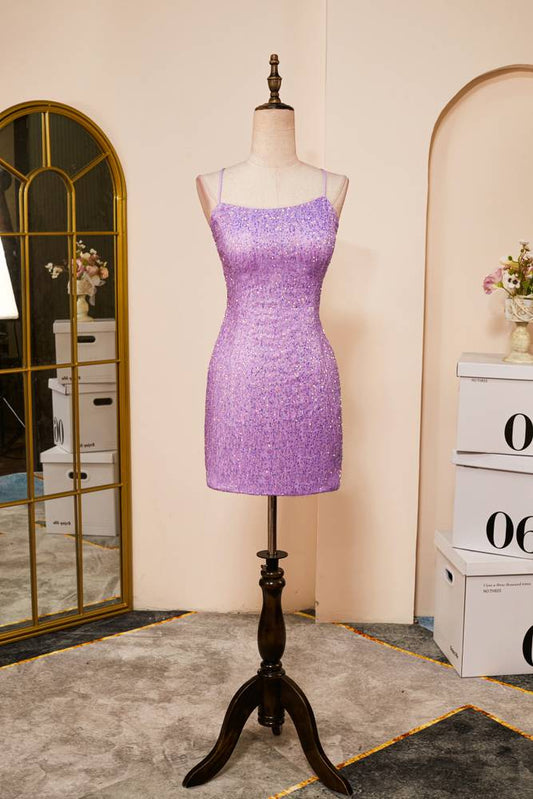 Purple Sheath Sequined Spaghetti Straps Homecoming Dresses