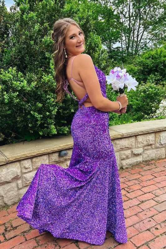 Purple V-Neck Mermaid Sequin Prom Dresses with Spaghetti Straps