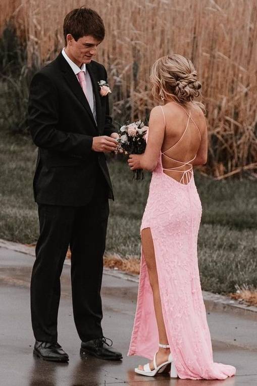 Pink Criss Cross Straps Mermaid Prom Formal Dresses with Appliques