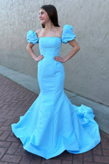 Blue Off-The-Shoulder Long Mermaid Satin Prom Dresses