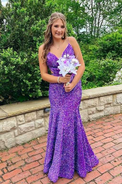 Purple V-Neck Mermaid Sequin Prom Dresses with Spaghetti Straps