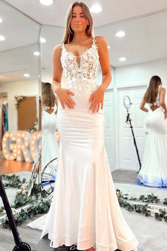 V-Neck Sleeveless Mermaid Satin Prom Dresses with Appliques