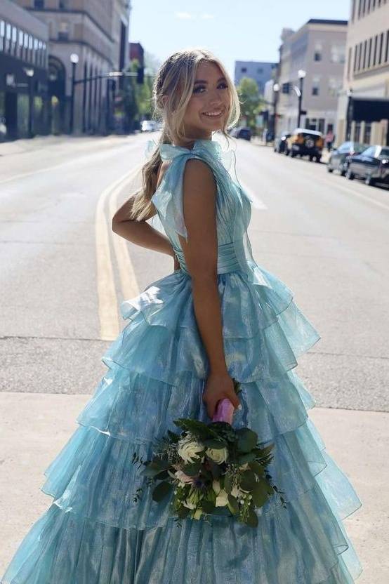 Light Blue V-Neck Sleeveless A-Line Tiered Prom Dresses