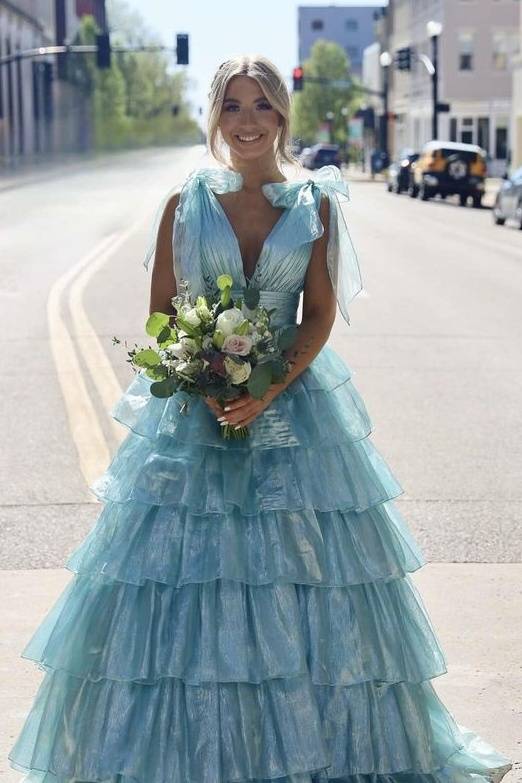 Light Blue V-Neck Sleeveless A-Line Tiered Prom Dresses