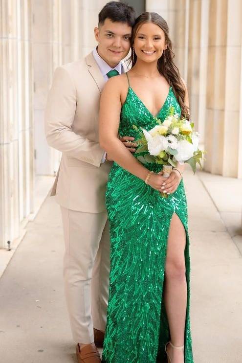 Emerald V-Neck Mermaid Sequin Formal Dresses with Slit