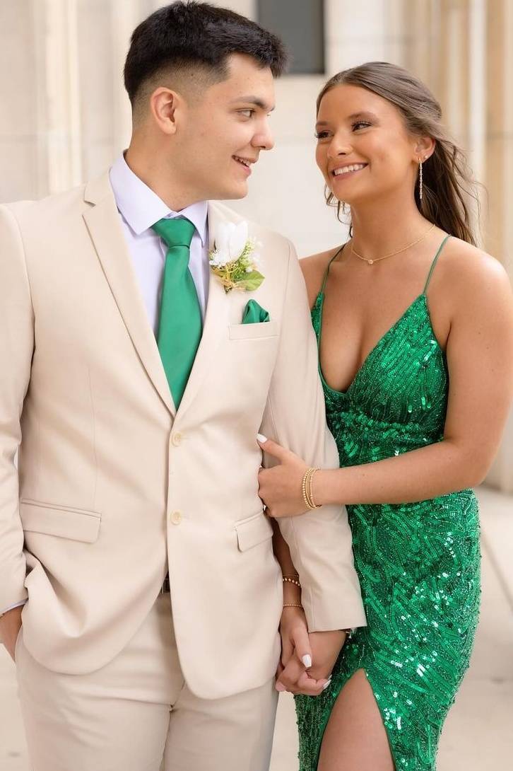 Emerald V-Neck Mermaid Sequin Formal Dresses with Slit