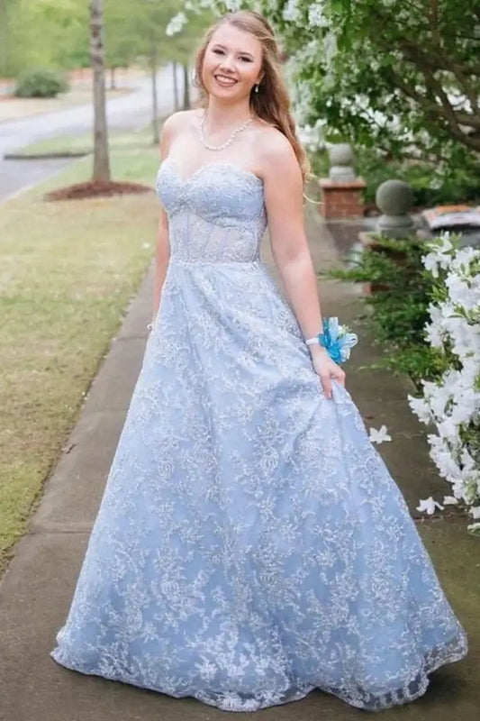 Strapless Floor-Length A-Line Lace Prom Formal Dresses