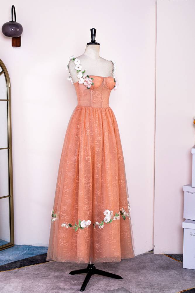 Coral A-Line Sleeveless Lace Tulle Prom Dresses with Flowers