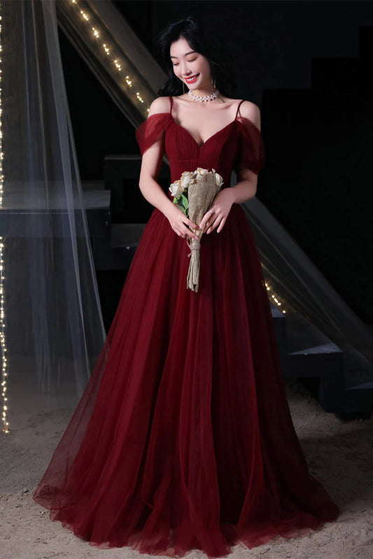 Burgundy V-Neck Off-The-Shoulder A-Line Tulle Prom Dresses