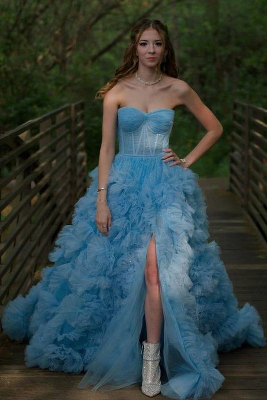 Strapless A-Line Tulle Split Front Formal Dresses with Slit