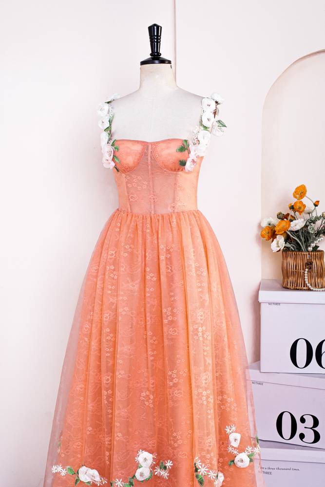 Coral A-Line Sleeveless Lace Tulle Prom Dresses with Flowers