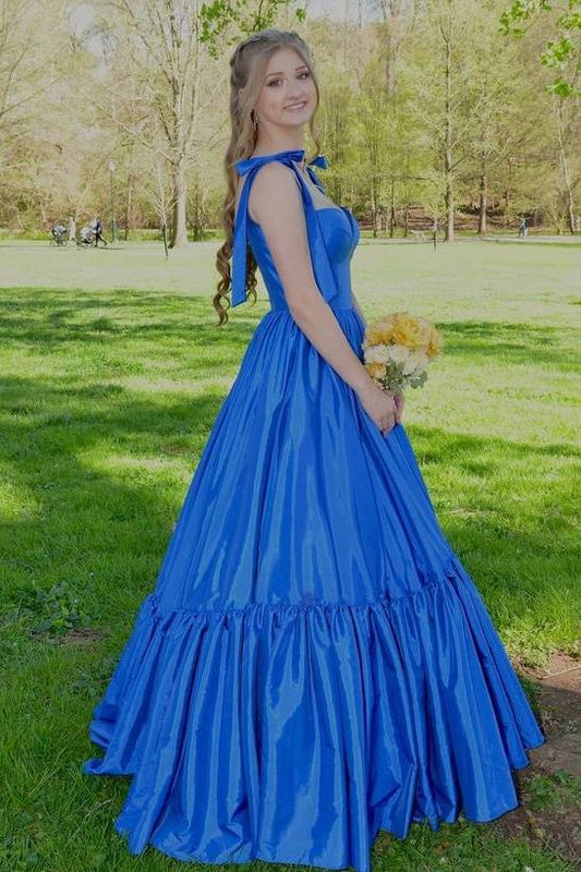 Ocean Blue Floor-Length A-Line Satin Sleeveless Prom Dresses