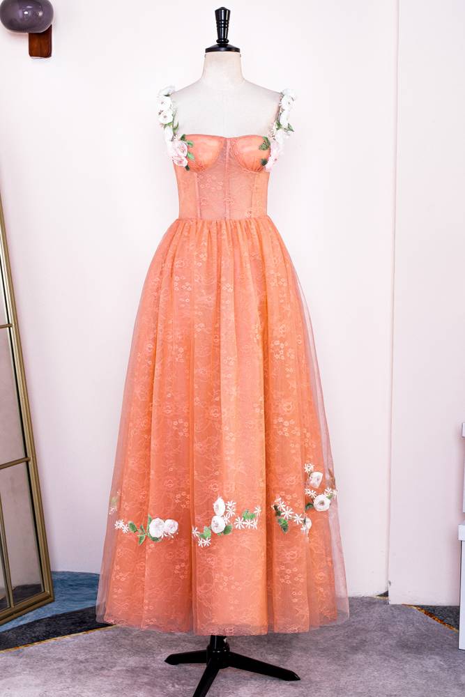 Coral A-Line Sleeveless Lace Tulle Prom Dresses with Flowers