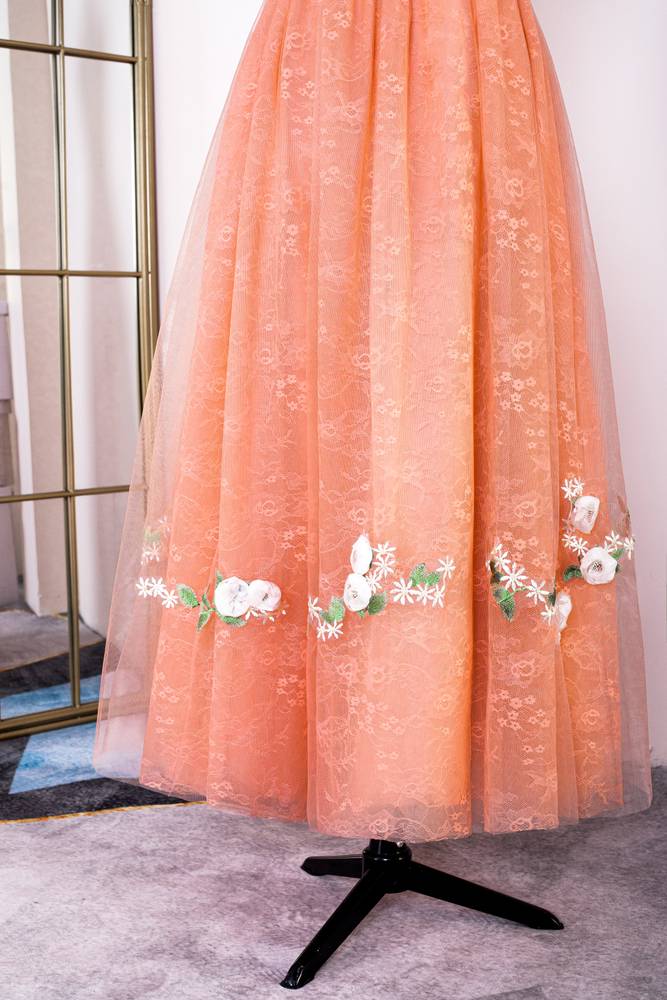 Coral A-Line Sleeveless Lace Tulle Prom Dresses with Flowers