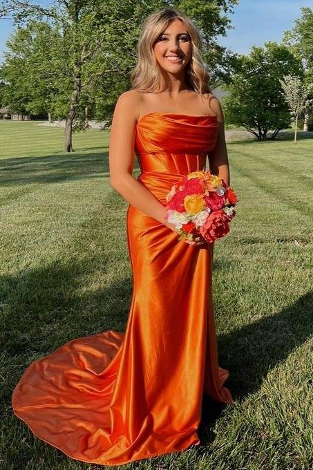 Orange Strapless Long Mermaid Satin Formal Dresses with Slit