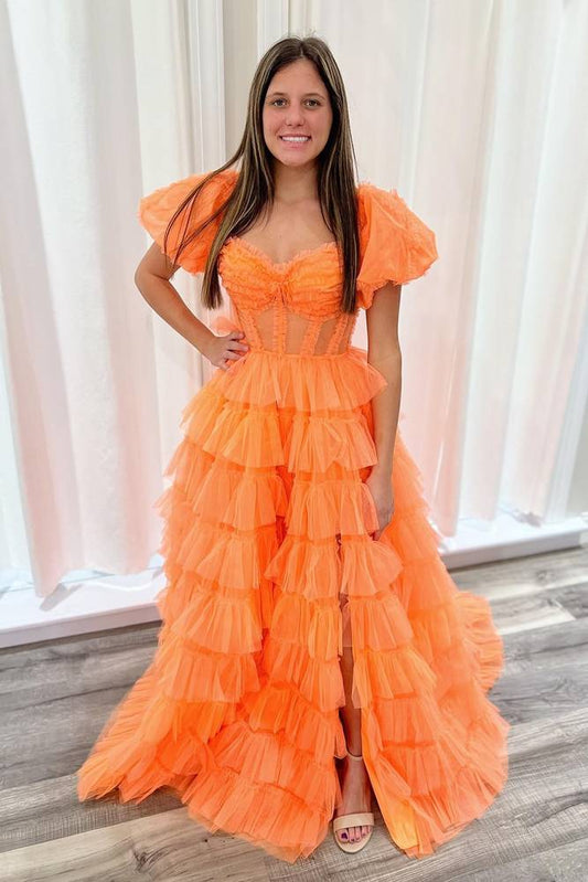 Orange Tiered Sweetheart A-Line Tulle Formal Prom Dresses with Short Sleeves