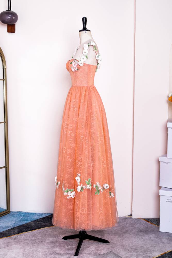 Coral A-Line Sleeveless Lace Tulle Prom Dresses with Flowers