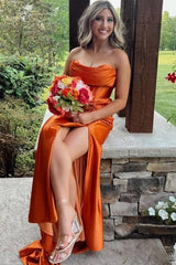 Orange Strapless Long Mermaid Satin Formal Dresses with Slit