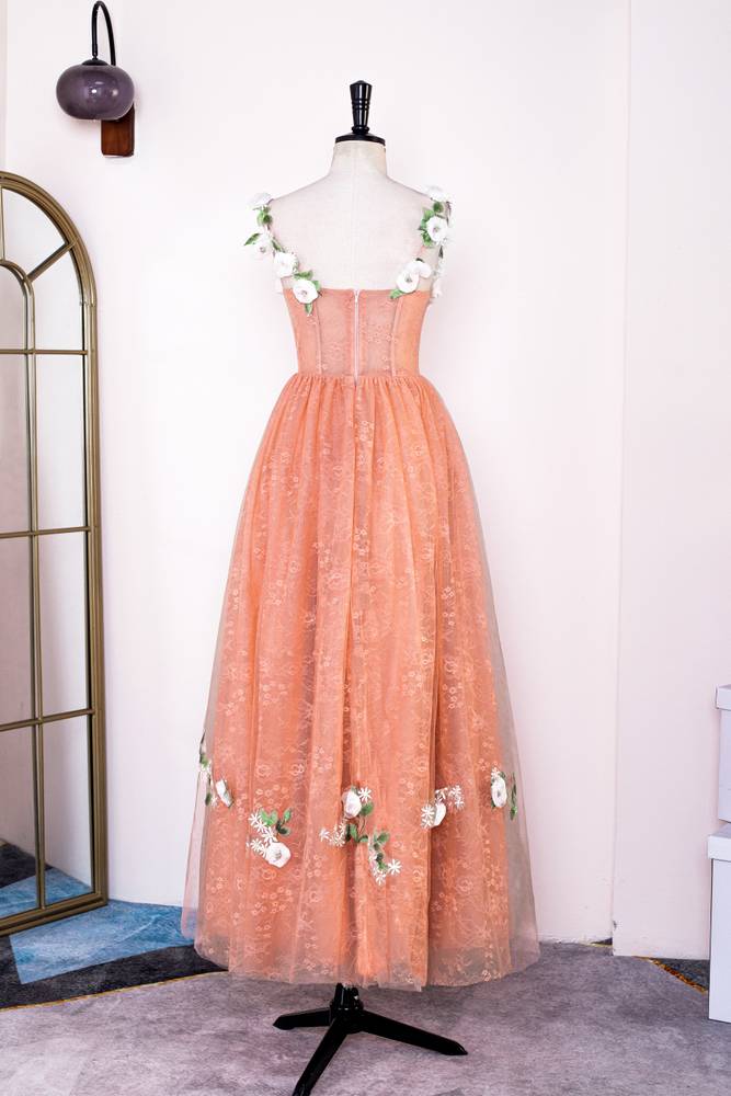 Coral A-Line Sleeveless Lace Tulle Prom Dresses with Flowers