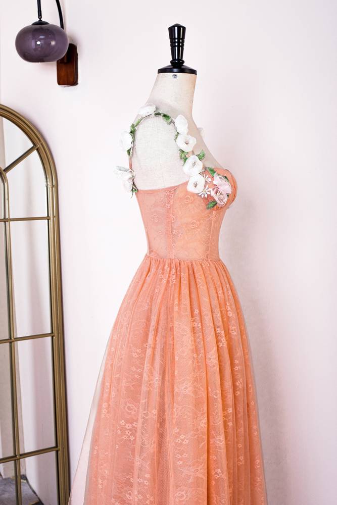 Coral A-Line Sleeveless Lace Tulle Prom Dresses with Flowers