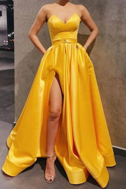 Yellow V-Neck Strapless A-Line Satin Prom Dresses with Slit