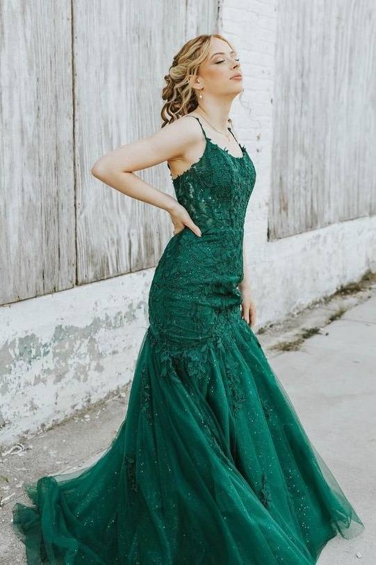 Dark Green Mermaid Tulle Appliques Prom Formal Dresses with Spaghetti Straps