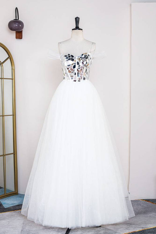 White Off-The-Shoulder Sweetheart Cut Glass Tulle Prom Dresses