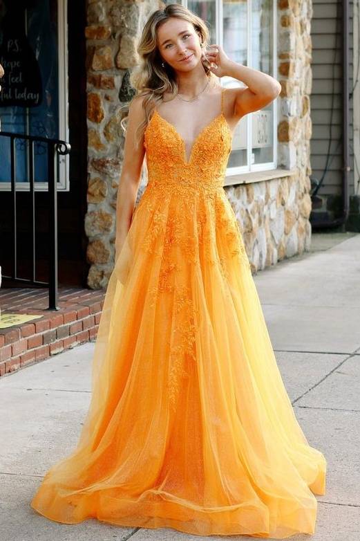 Orange V-Neck Spaghetti Straps A-Line Prom Party Dresses with Appliques